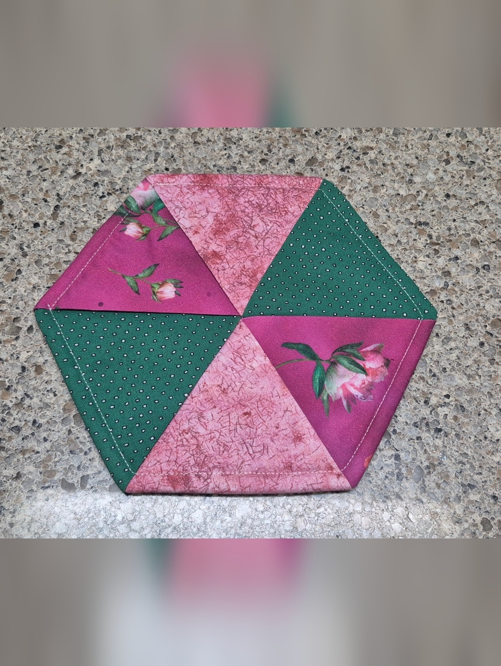 Handmade Reversible Hexagon Fabric Hot Pad Quilted Trivet Floral Polka Dot 7"
